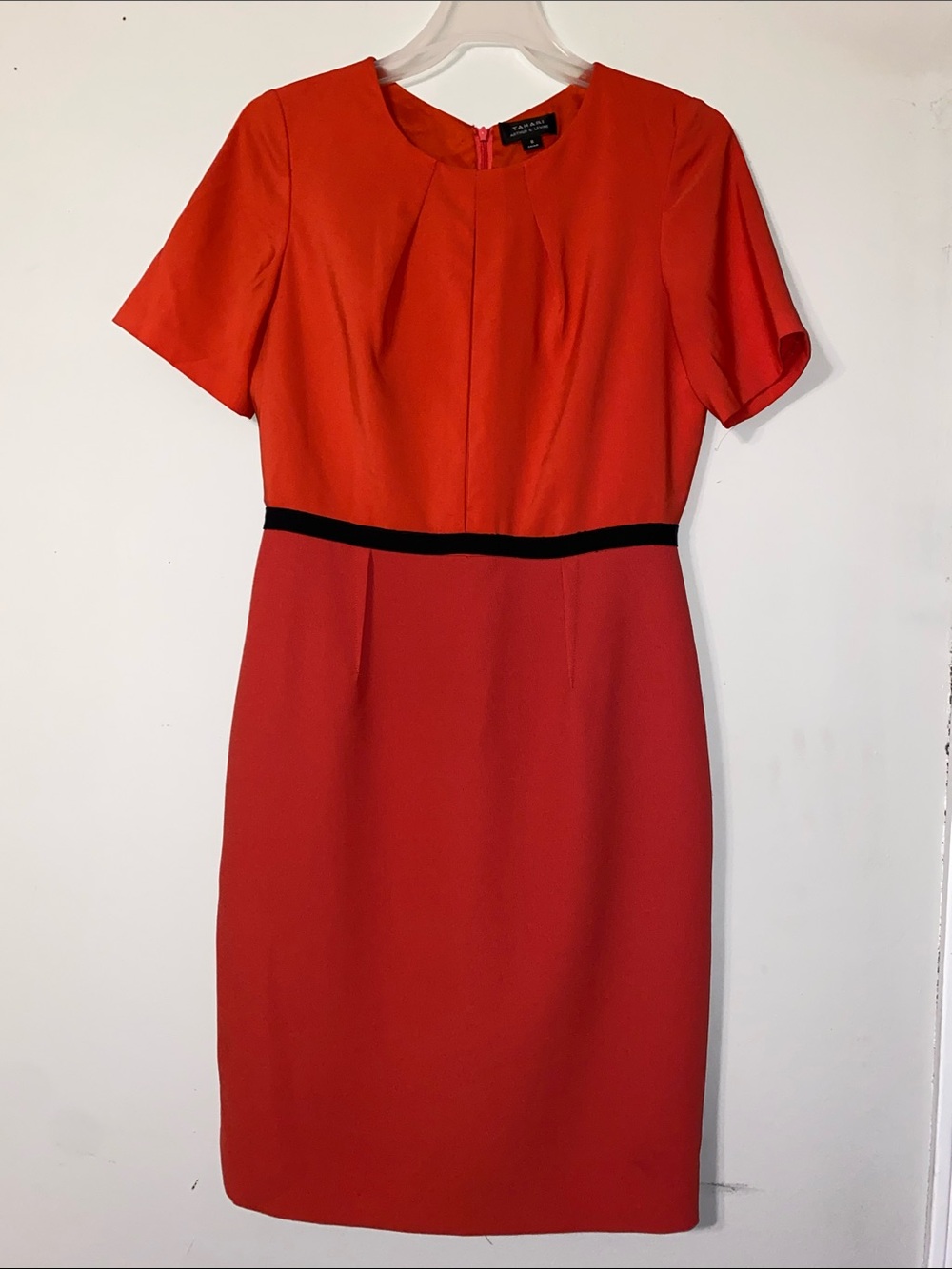 Tahari ASL Red Sheath Dress with Black Waist Band